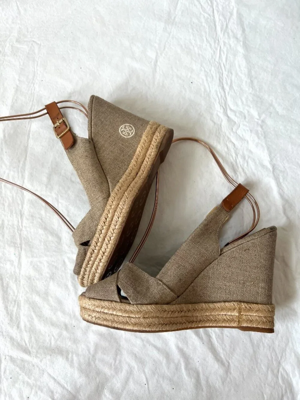 Tory Burch espadrille sandals womens 8 beige canvas wedge slingback ankle strap
